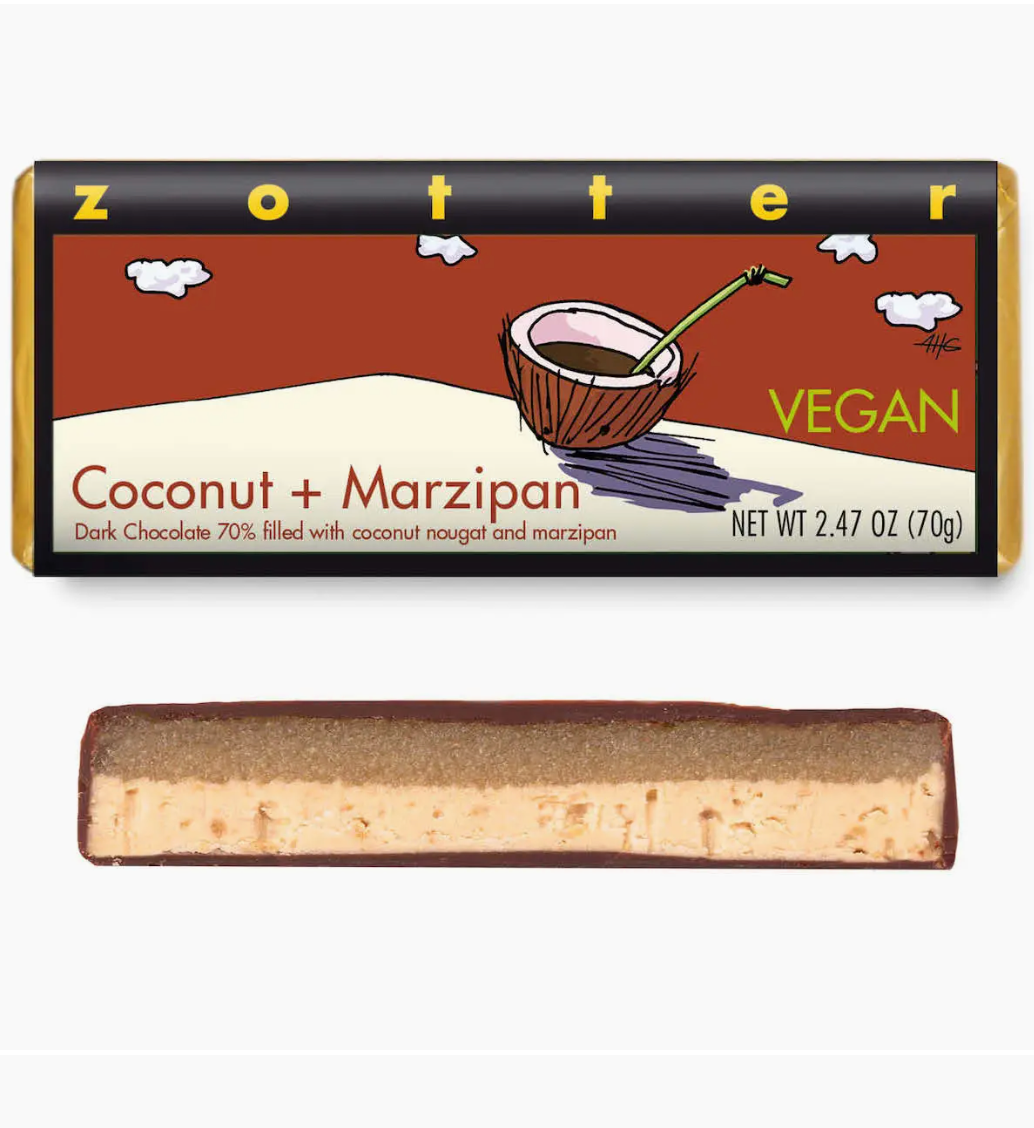 Zotter Coconut Marzipan Hand-Scooped Chocolate Bar – Dark Chocolate with Almond & Coconut