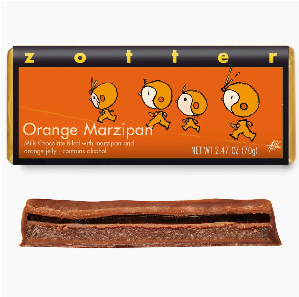 Zotter Orange Marzipan Hand-Scooped Chocolate Bar – Dark Chocolate with Almond & Orange