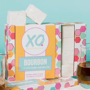 XO Bourbon Marshmallows gourmet gift box, featuring fluffy bourbon-flavored marshmallows, available at Chocology Unlimited on Long Island.