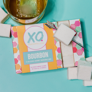 XO Bourbon Marshmallows gourmet gift box, featuring fluffy bourbon-flavored marshmallows, available at Chocology Unlimited on Long Island.