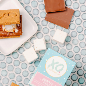 XO Marshmallow S'mores Kit for 4 gift box with vanilla bean marshmallows, chocolate and gluten-free graham crackers, available at Chocology Unlimited.