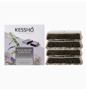 Kesshō Dubai-Style Black Sesame White Chocolate Bar with Japanese black sesame paste and crispy kataifi filling, available at Chocology Unlimited.