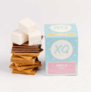 XO Marshmallow S'mores Kit for 4 gift box with vanilla bean marshmallows, chocolate and gluten-free graham crackers, available at Chocology Unlimited.