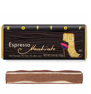 Zotter Espresso Macchiato hand-scooped chocolate bar from Austria, with a 70% dark chocolate shell and creamy coffee ganache filling.