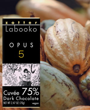 Zotter Opus 5 2026 limited-edition 75% dark chocolate made with cacao from Belize, Guatemala, Colombia, Panama and Bolivia, available at Chocology Unlimited.