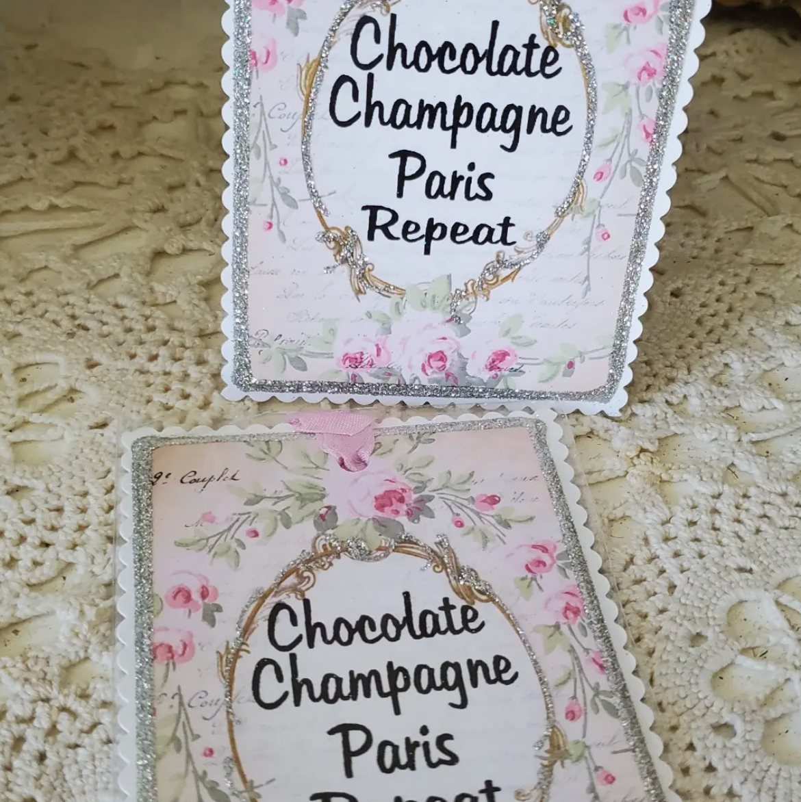 Gift Tag Keepsake--Chocolate Champagne Paris Repeat Roses