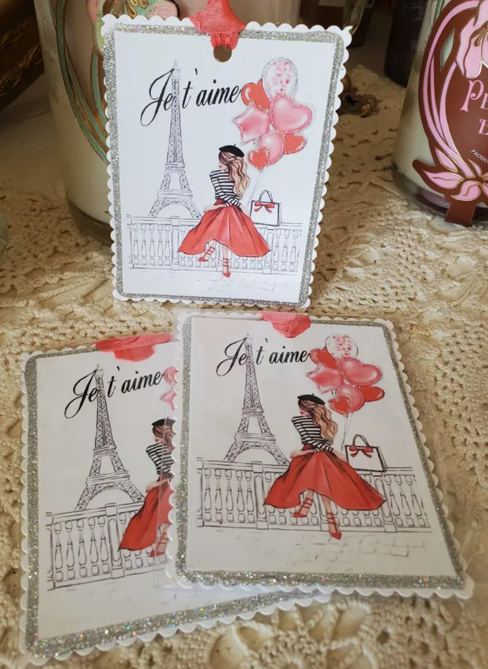 Gift Tag Keepsake--Valentine Eiffel Tower Girl n Balloons